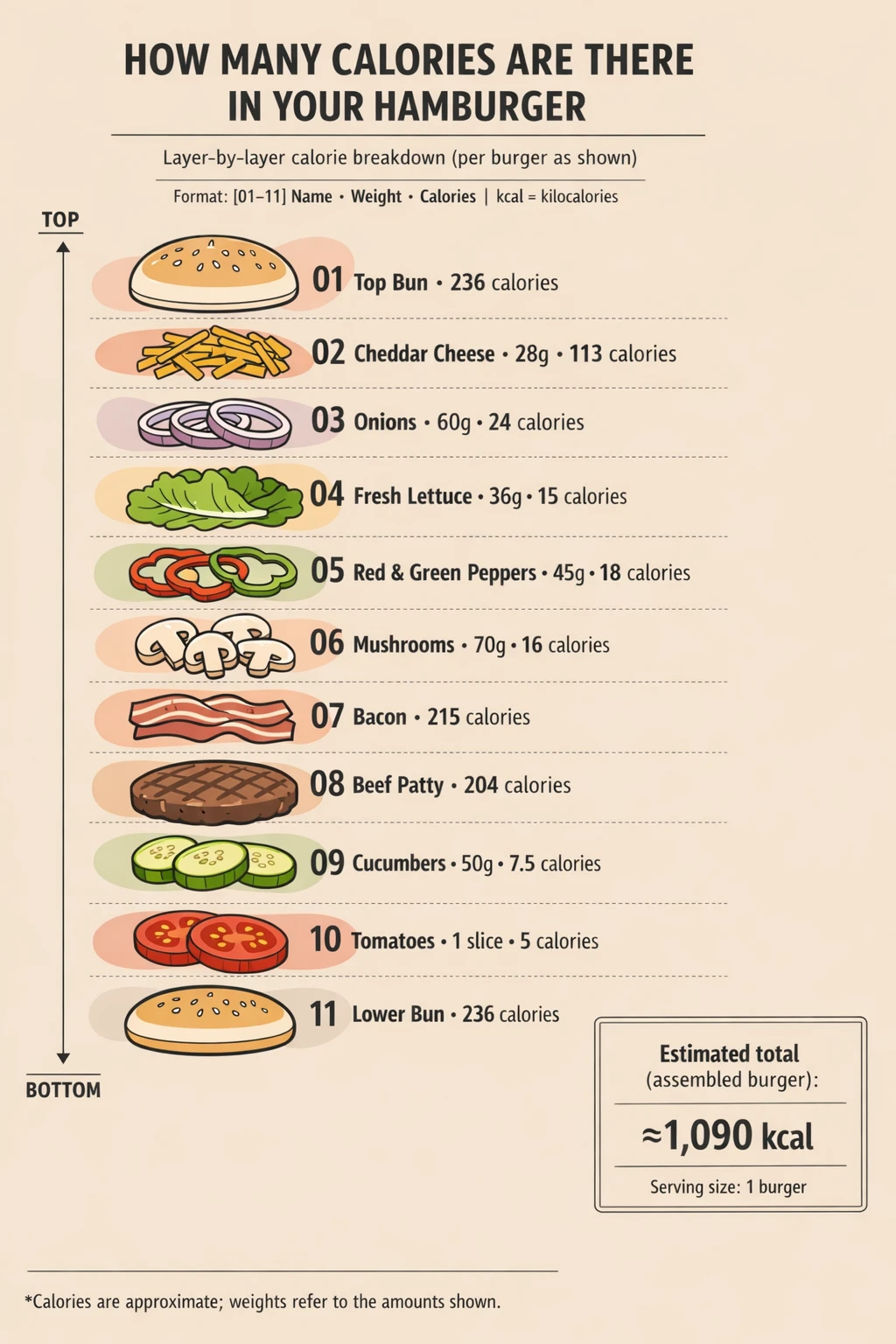 Illustration nano banana prompt: Create a vertical, flat-design infographic illustrating the calorie content of each ingredient in a ...