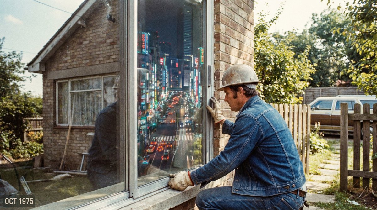 null nano banana prompt: Grainy 35mm film photo from 1975. A construction worker is installing a large glass window pane on t...
