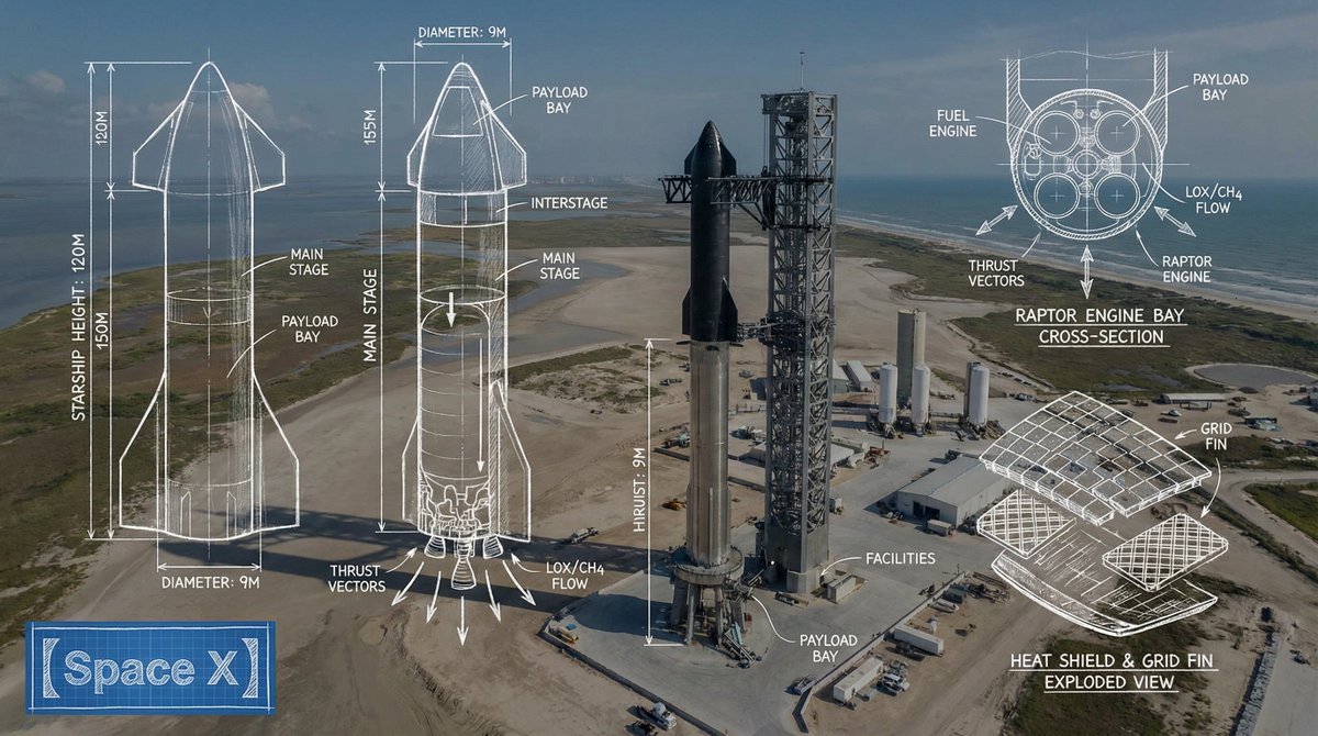 null nano banana prompt: 一张 [SPace X] 的高角度广角实景摄影照片作为背景，上面覆盖着详细的白色技术工程原理图和蓝图线条。风格是直接在照片上进行白色手绘粉笔或铅笔素描。关键元素包括：标示 [主体关键尺寸] 的带有测量...