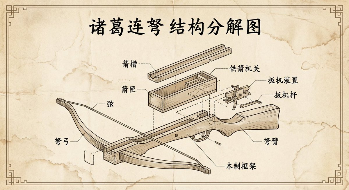 null nano banana prompt: 请创建诸葛连弩的复古风格工程爆炸图，里面的文字是中文