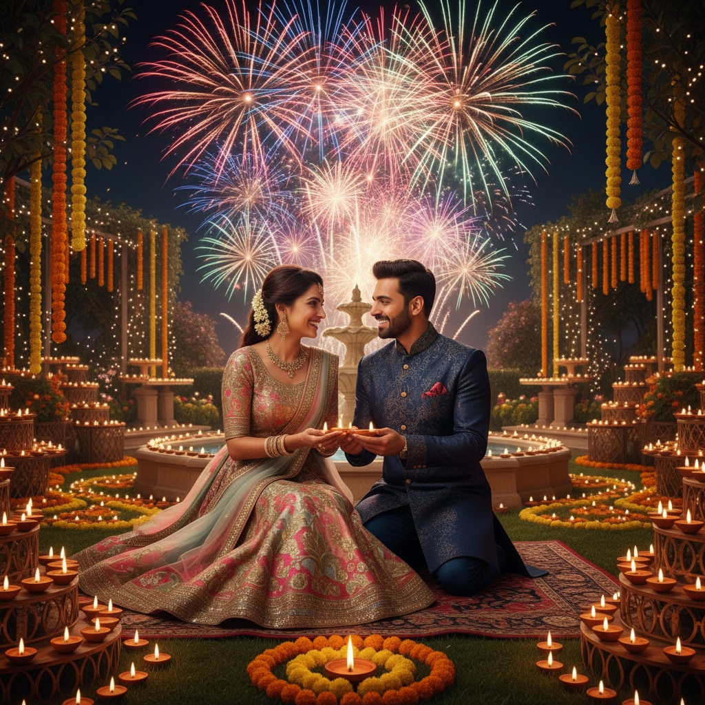 Portrait nano banana prompt: A vibrant, colorful image of a South Asian couple celebrating Diwali, the festival of lights. They a...