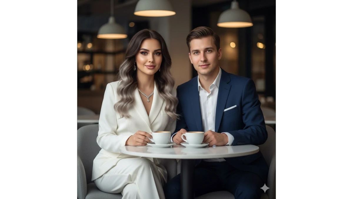 Portrait nano banana prompt: Using the photo as a reference, create an ultra-realistic portrait of a young, elegant couple sittin...