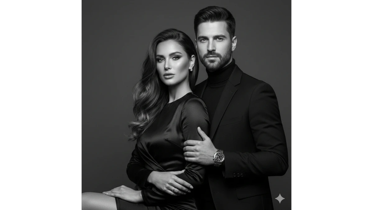 Portrait nano banana prompt: Using the photo as a reference, create a fine-art style portrait of a couple in a studio, in black a...