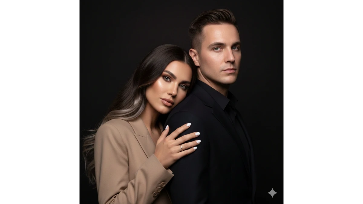 Portrait nano banana prompt: Using the photo as a reference, create a professional portrait of a couple in a studio, ultra-realis...