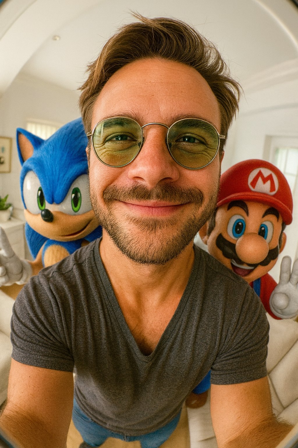 null nano banana prompt: Selfie ultra-realista en formato vertical 9:16 con lente ojo de pez de mí junto a (Sonic y Mario). A...