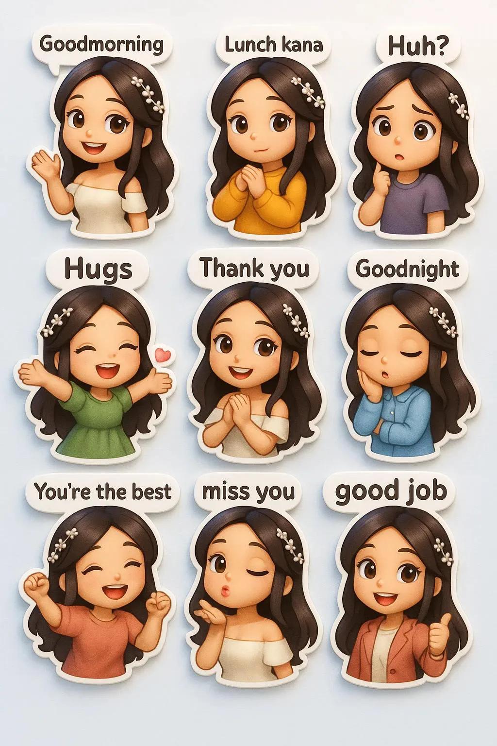 null nano banana prompt: Create a 3D kawaii 10:16 canvas featuring nine chibi-style stickers in various outfits, poses, and e...