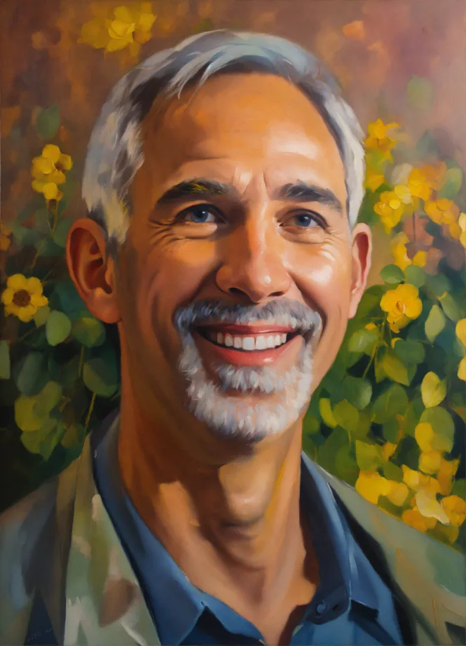 Oil painting portrait of a happy man with glasses.