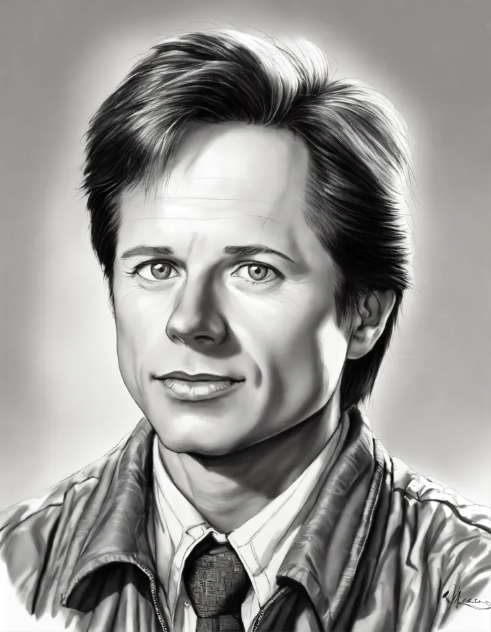 Pencil Caricature of Michael J Fox as Marty McFly.