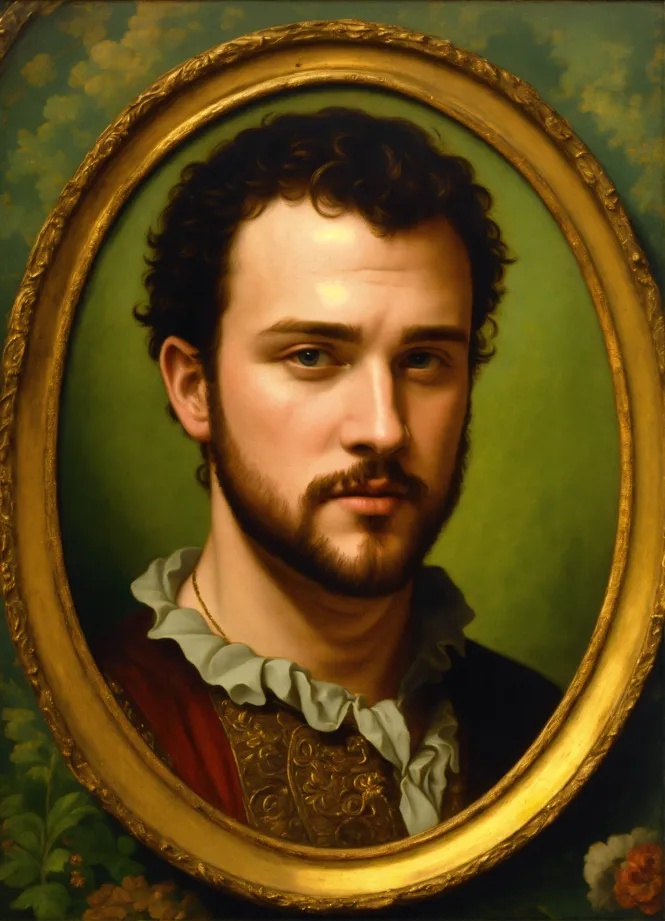 French Renaissance painting of Jason Segel royal attire.