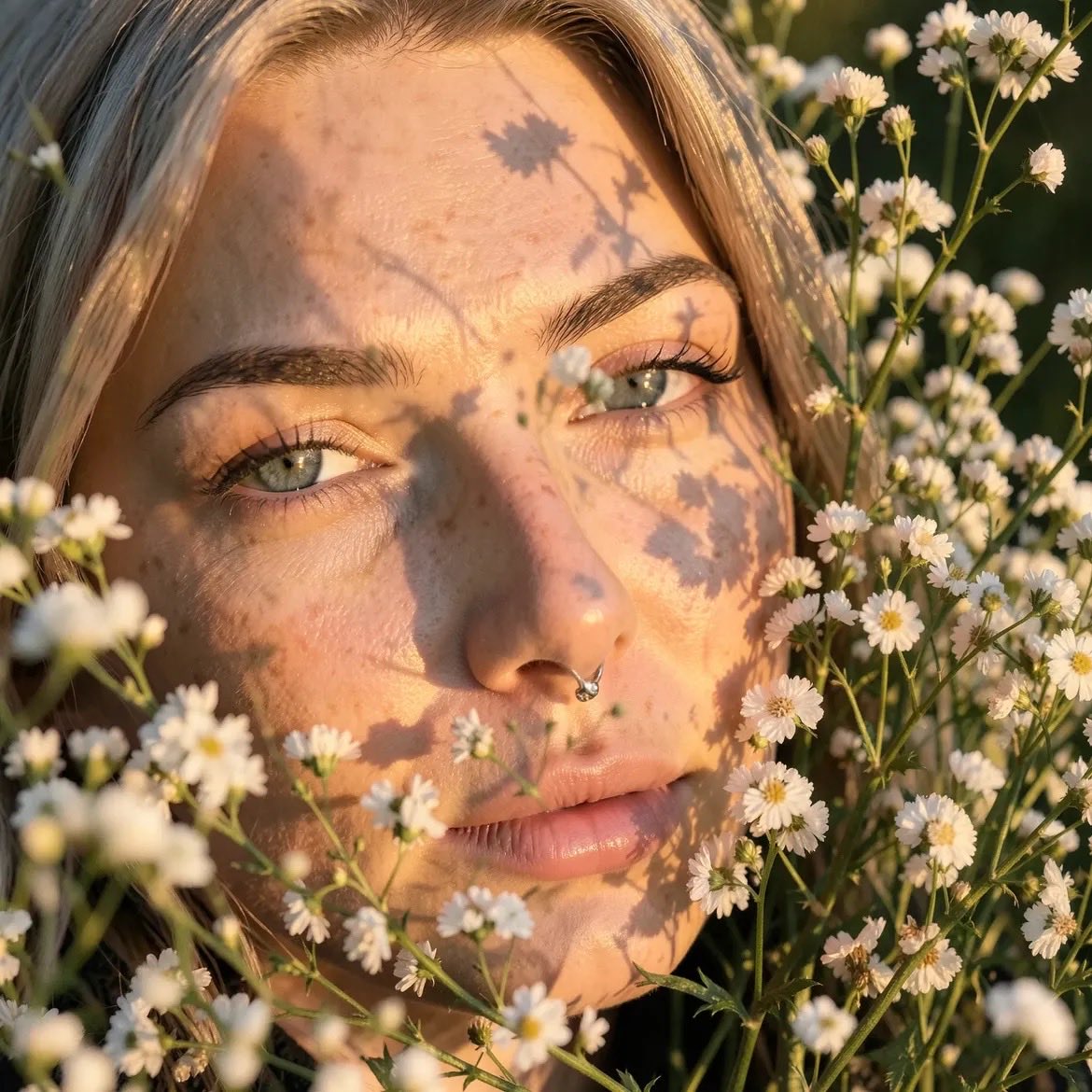 Ultra-realistic close-up portrait of a young woman in a field.