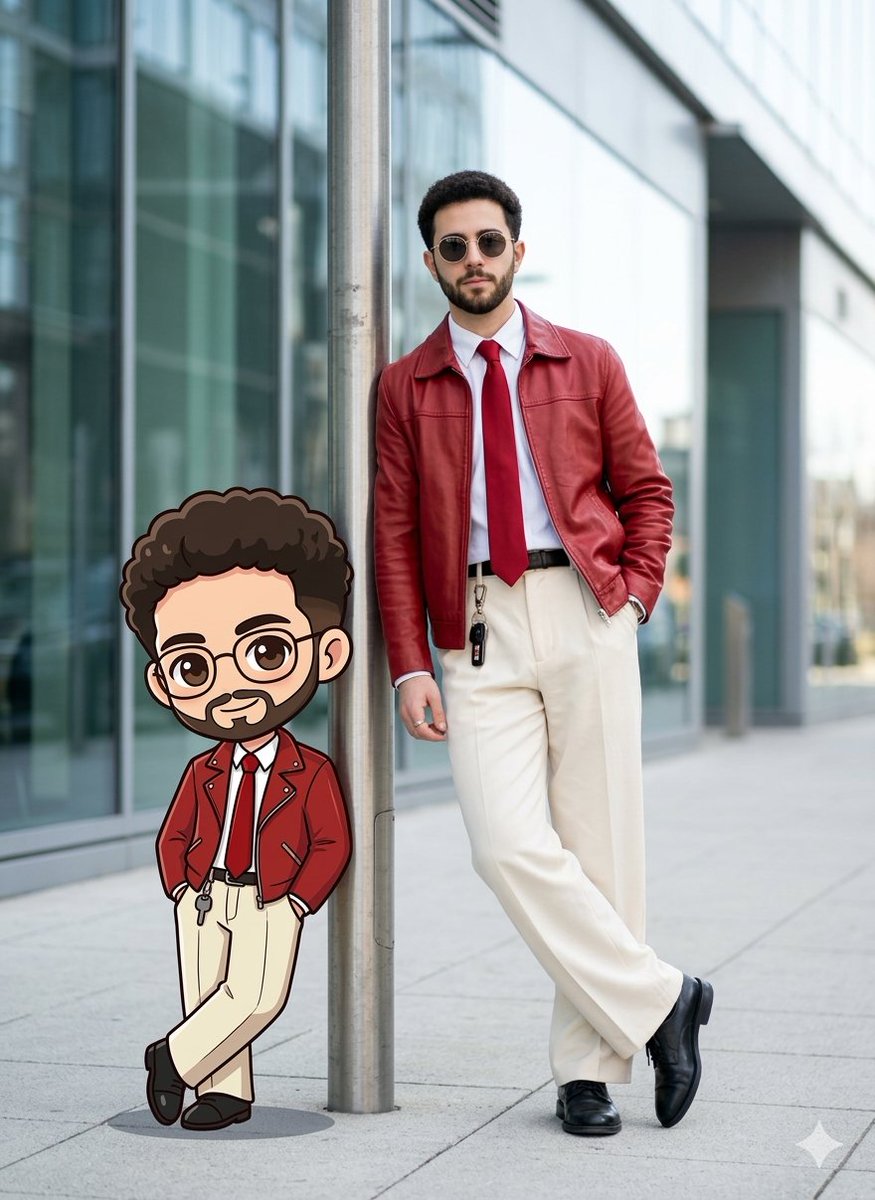 Stylish Man with Cartoon Twin on Urban Sidewalk.
