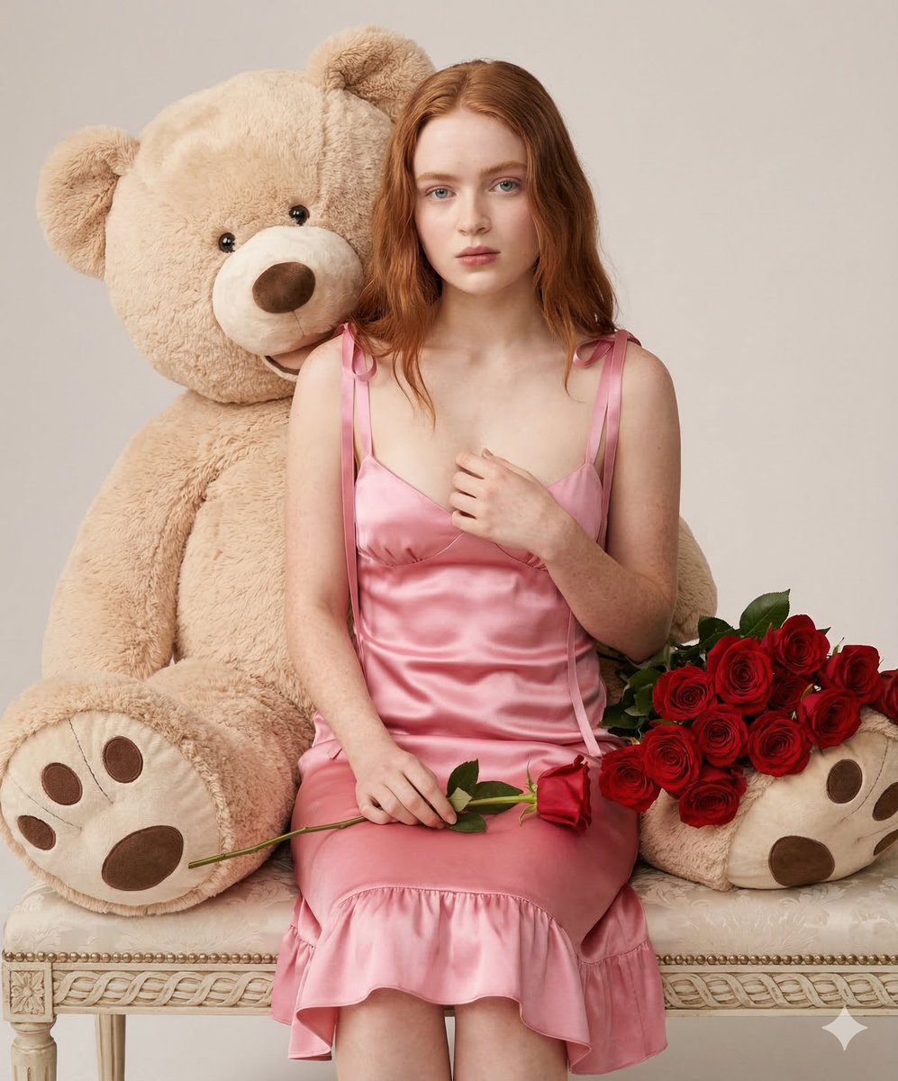 Woman in Pink Dress with Teddy Bear and Roses.