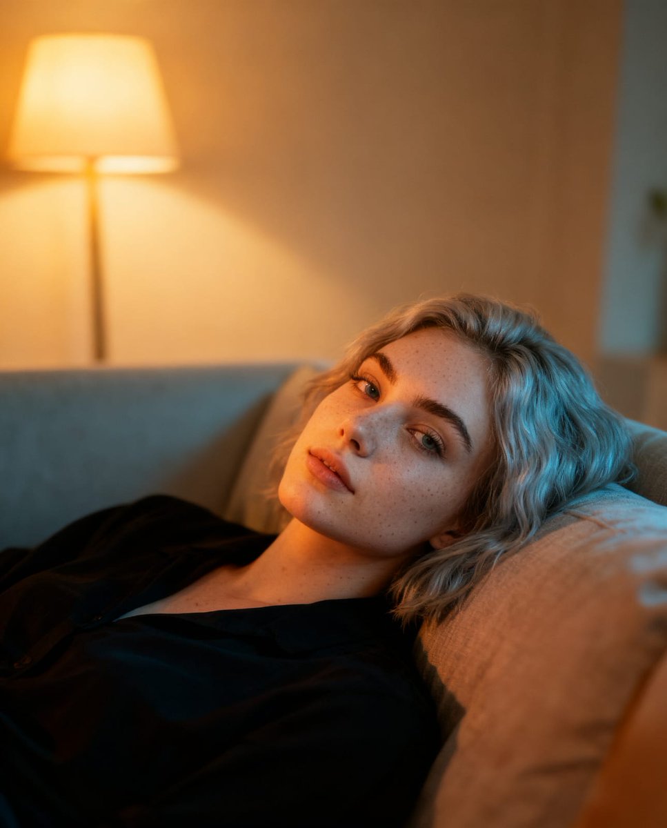 Woman Relaxing on Couch, Soft Lighting, UGC Realism.