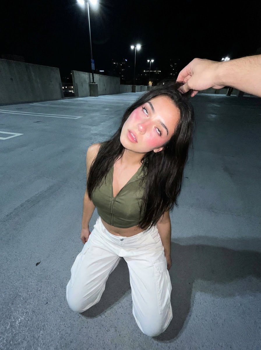 Young Woman Kneeling on Asphalt with External Hand.